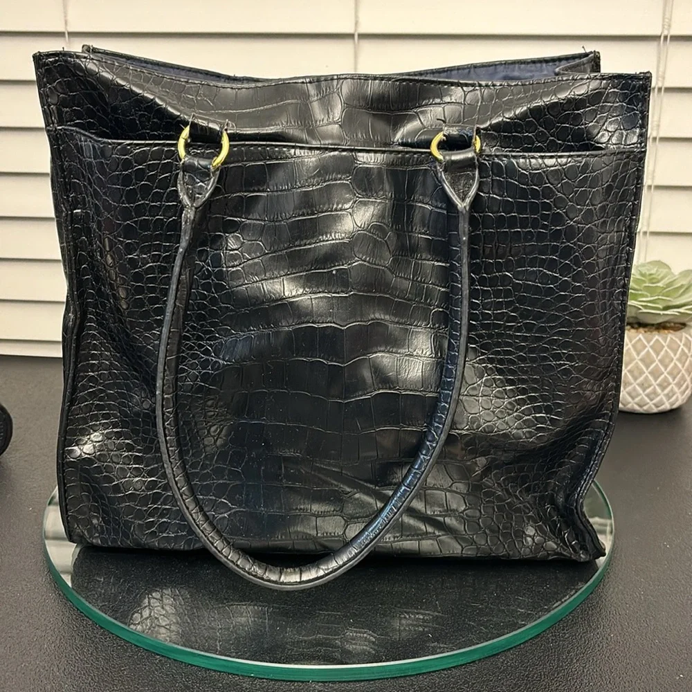 Tommy Hilfiger Black Crocodile-Embossed Open Tote Bag Gold Hardware - Picture 4 of 10